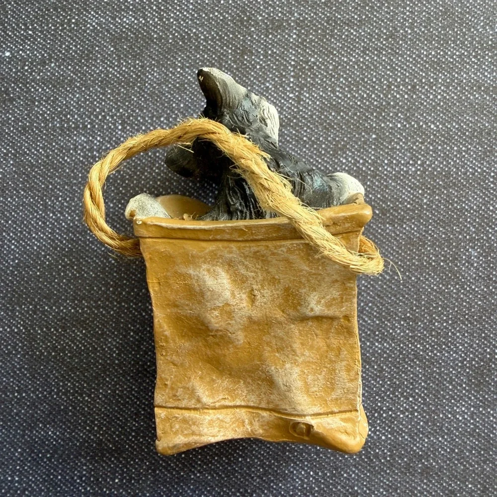 Vintage Resin Kitten in Paper Bag Figurine Ornament White Grey Cat Marked